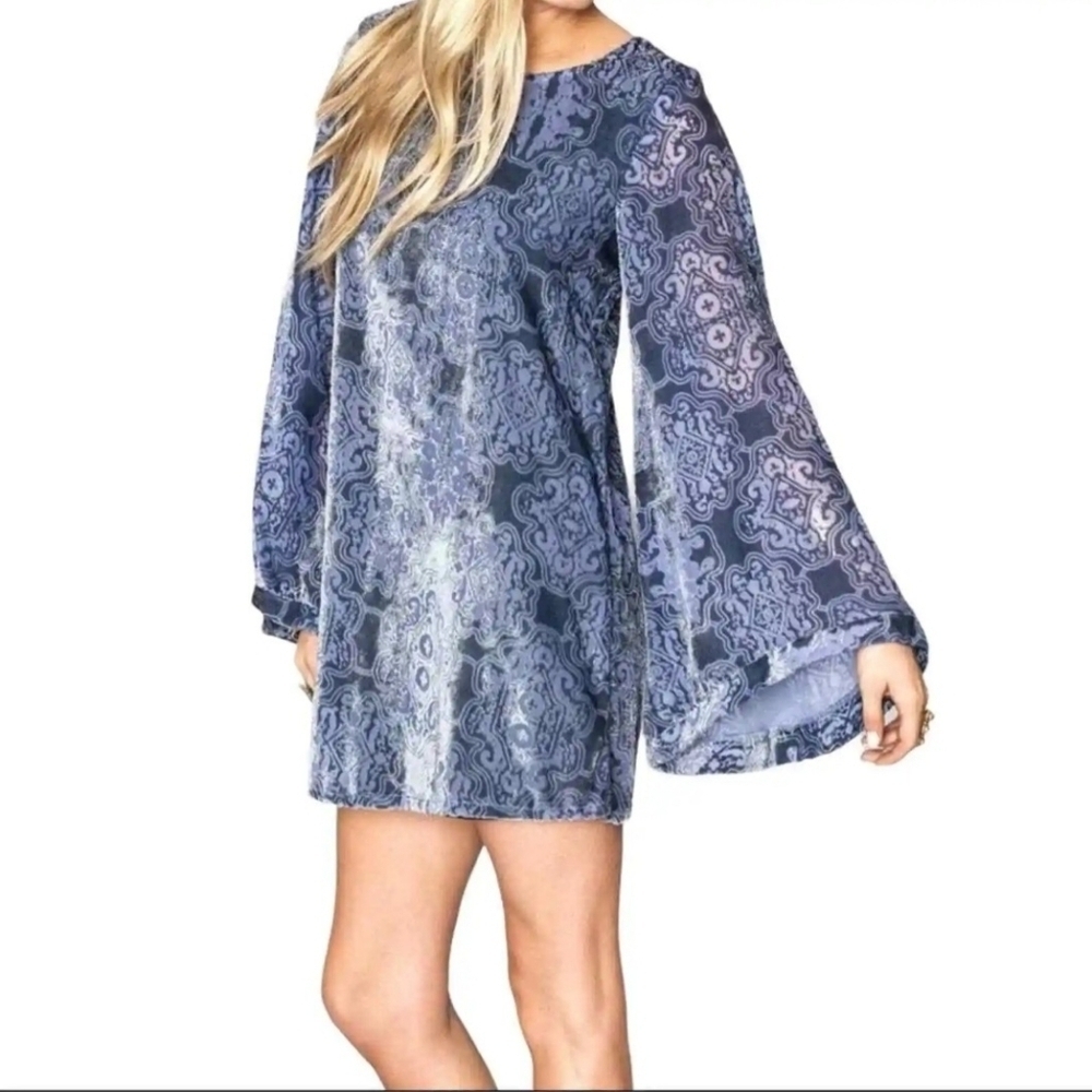 Show Me Your Mumu Velvet Burnout Damask Bell Sleeve Mini Dress Blue Purple M